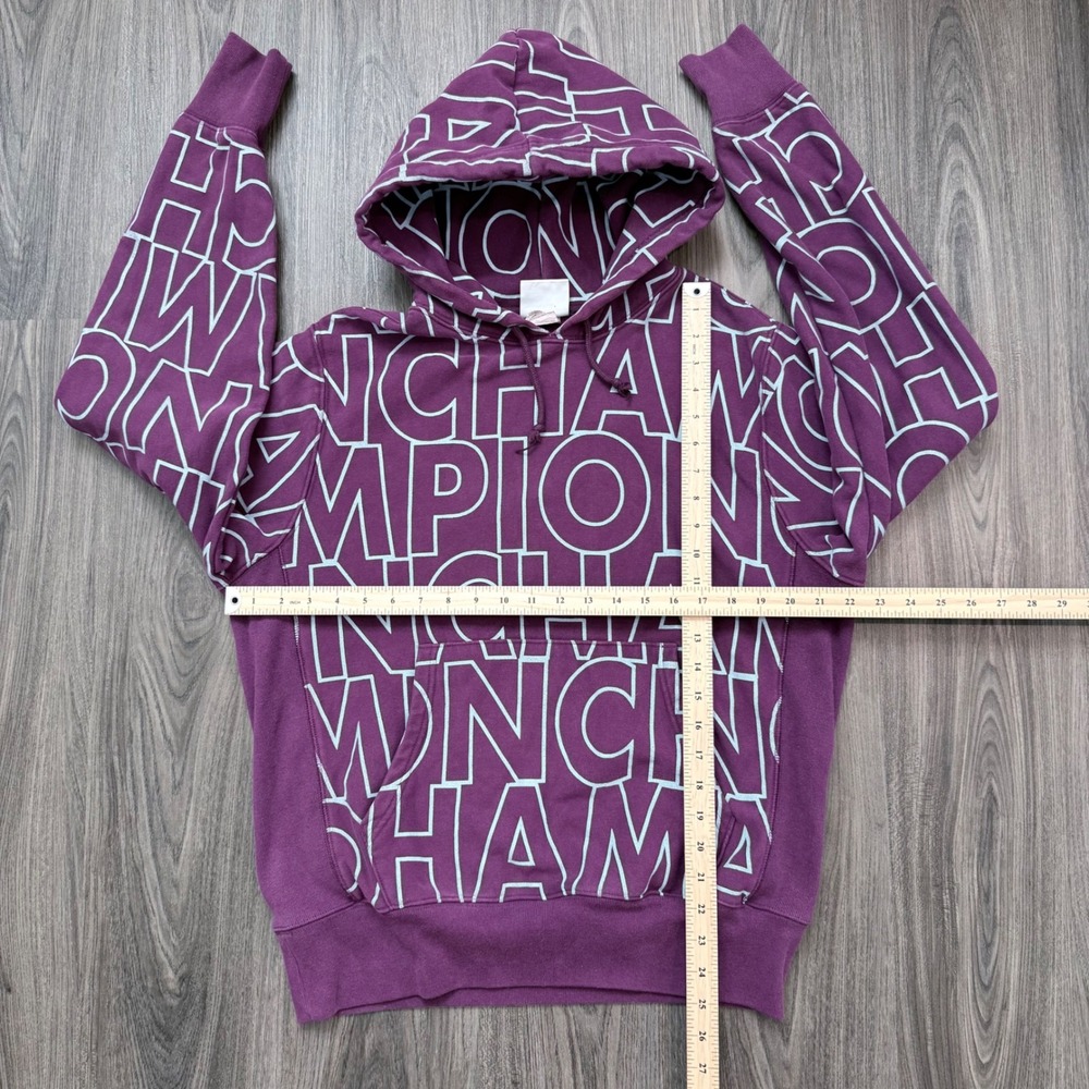 Champion Reverse Weave All Over Logo Hoodie Sweatshirt Pullover Purple Medium - Picture 4 of 7